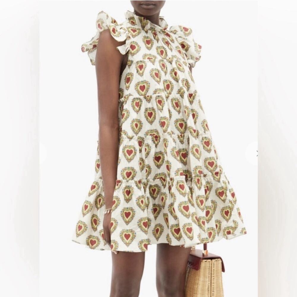 New RHODE Cream TIFFANY Size S Heart Print $525 Ruffle Sleeve Dress #019